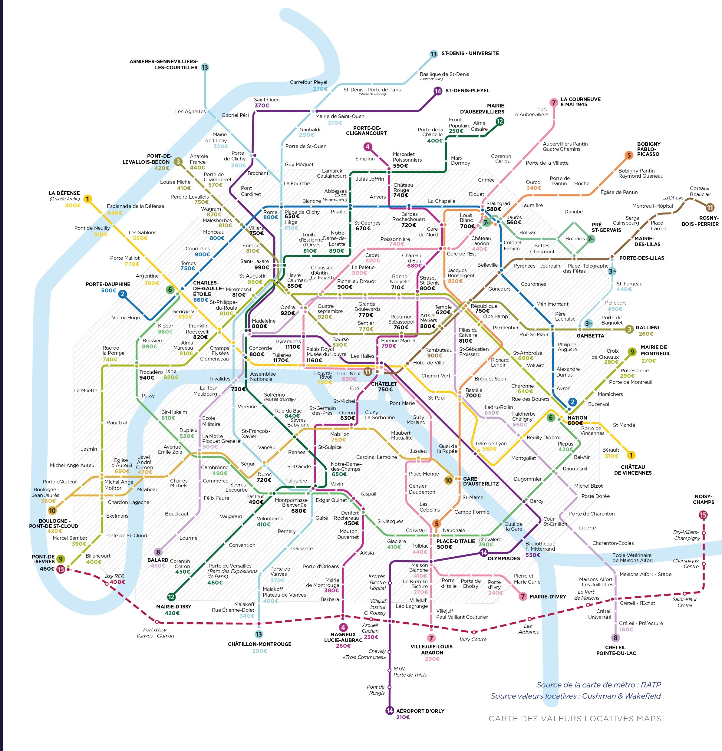 Carte des valeurs locatives par station de métro à Paris. - © Cushman & Wakefield