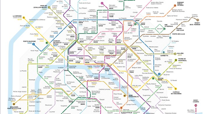 Les valeurs locatives moyennes de bureaux par stations de métro à Paris. - © Cushman & Wakefield