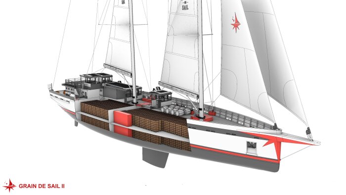 Le futur Grain de Sail 2 mesurer 56 mètres et pourra transporter 238 palettes sur deux niveaux. - © L2Onaval