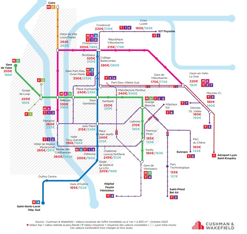 Carte des valeurs locatives par métro à Lyon - © Cushman & Wakefield
