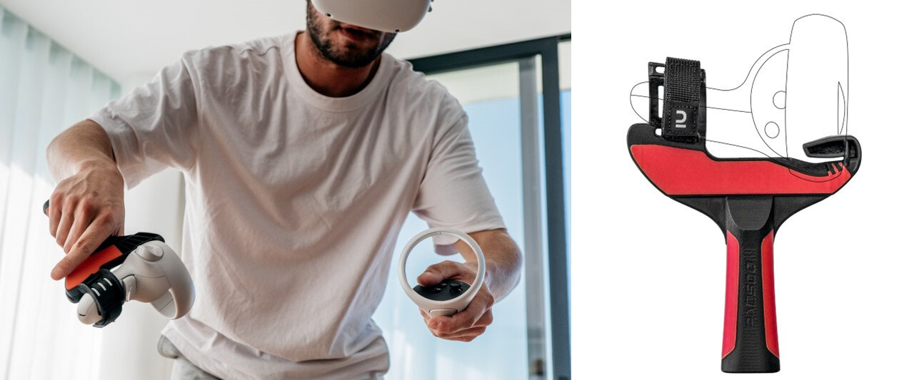 Decathlon a créé e-pong Pongori, un accessoire pour le casque Oculus qui rend plus réel l’usage du jeu Tennis Table Eleven. - © Decathlon