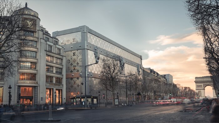 Une malle géante Louis Vuitton habille la façade du 103 avenue des Champs-Élysées en travaux - © D.R.