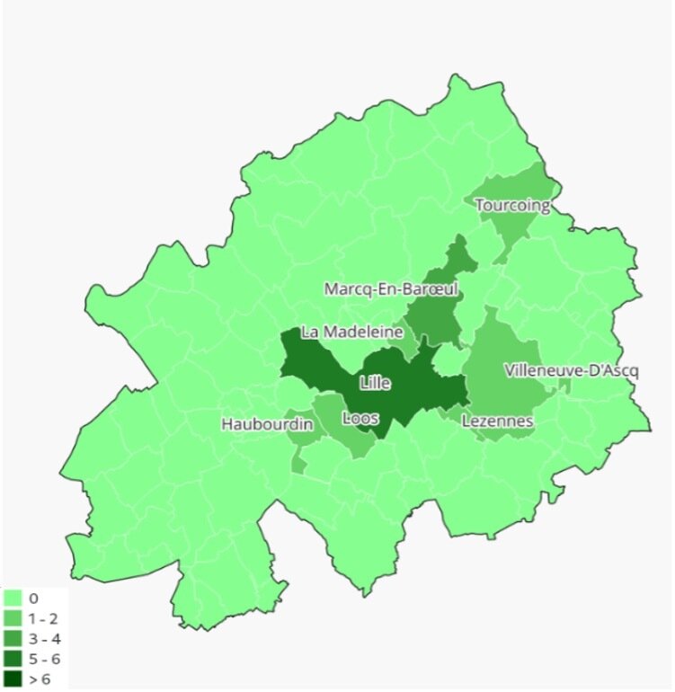 Nombres d’immeubles de bureaux de plus de 1000 m² vides depuis plus de 2 ans dans la métropole lilloise - © Consortium des Bureaux en France