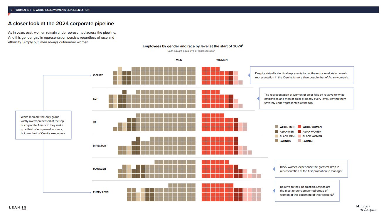 Répartition des employées par genre et par ethnie dans les différents niveaux hiérarchiques dans les entreprises américaines C McKinsey & Company-Leanin.org - © McKinsey & Company-Leanin.org