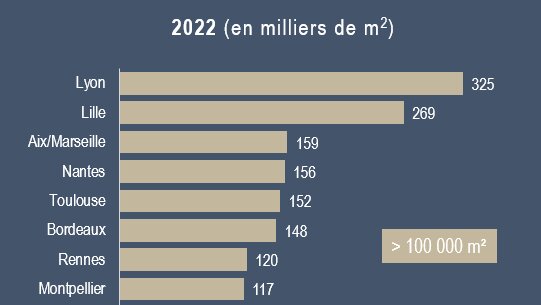Plusieurs villes ont particulièrement performé en 2022, passant la barre des 100 000 m² placés. - © BNP Paribas Real Estate