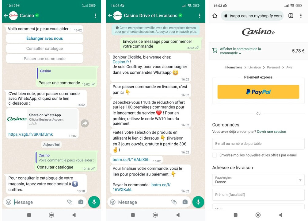Casino propose depuis 5 semaines de commander des produits directement depuis l’application WhatsApp. - © D.R.
