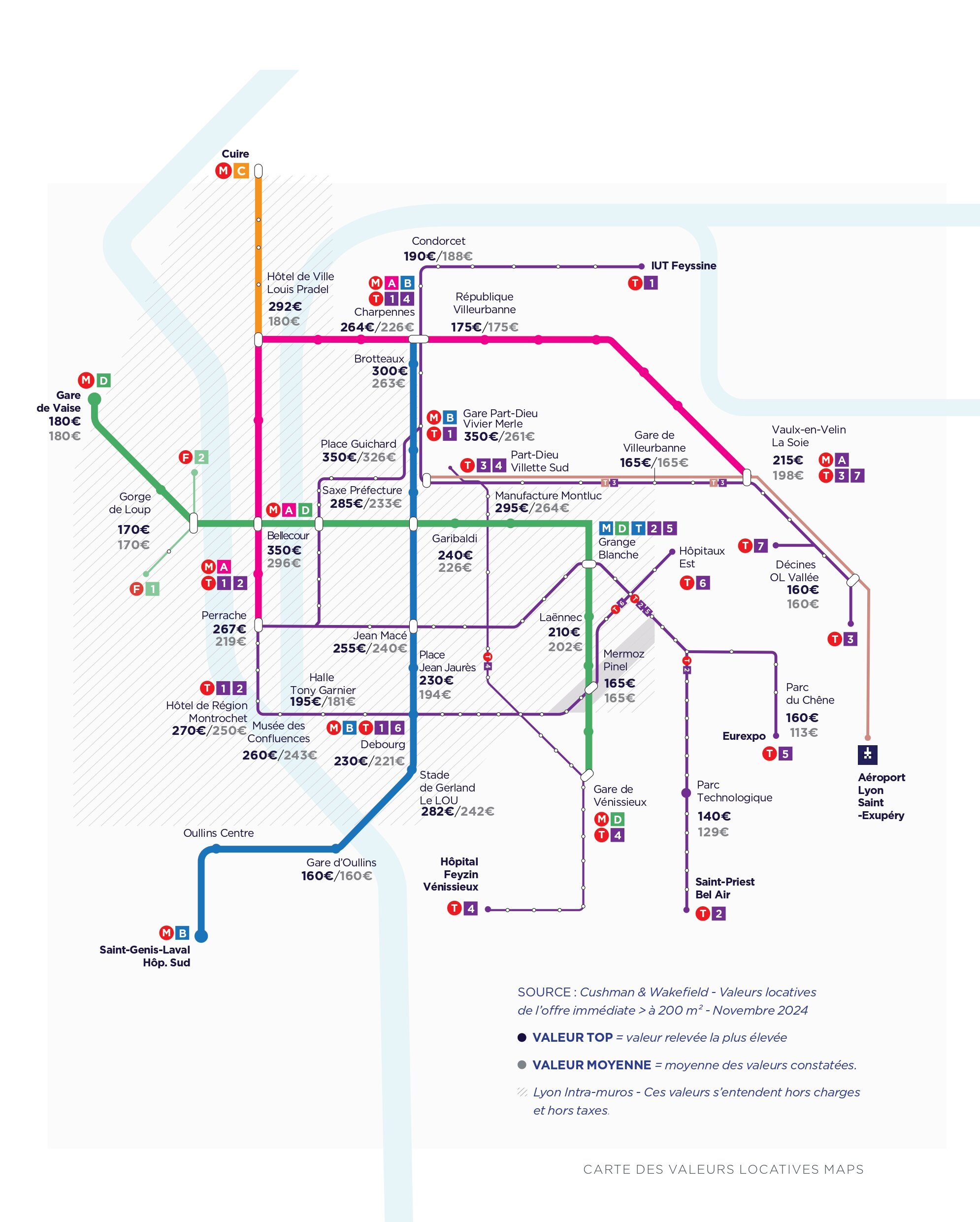 Carte des valeurs locatives par station de métro à Lyon. - © Cushman & Wakefield