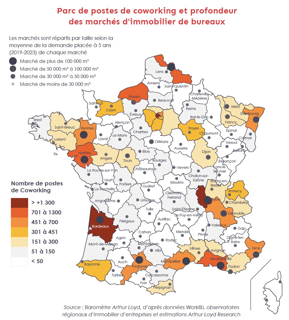Répartition des postes de coworking en France : une offre concentrée dans les grands marchés tertiaires. - © Arthur Loyd