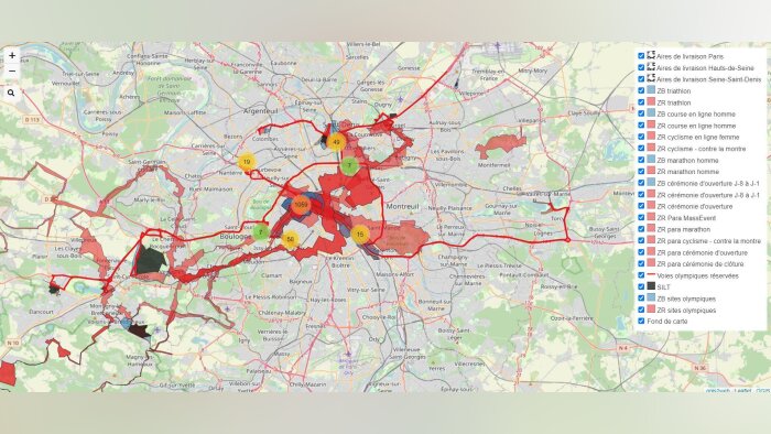 La carte Joptimiz permet de visualiser les zones rouges dues aux épreuves. - © D.R.