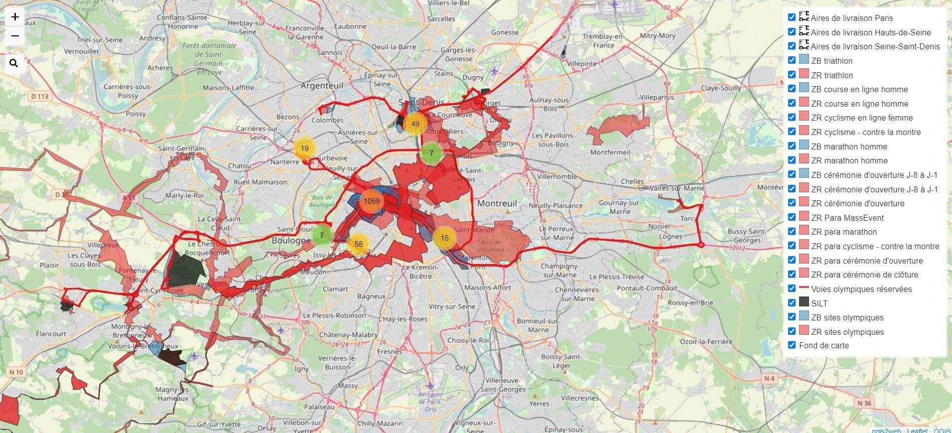 La carte Joptimiz permet de visualiser les zones rouges dues aux épreuves. - © D.R.