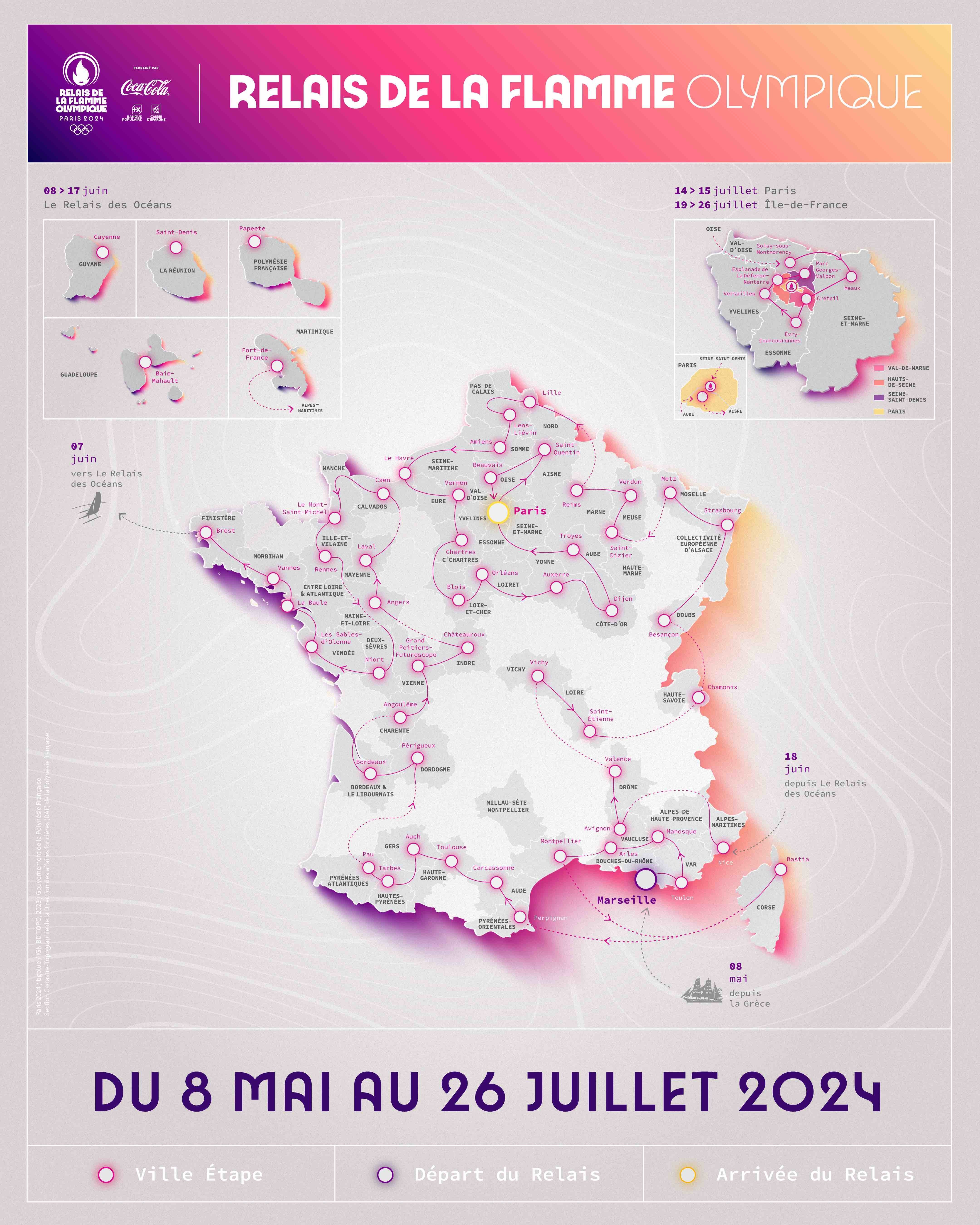 Le relais de la flamme olympique traversera 64 territoires dont 5 ultramarins - © Paris 2024