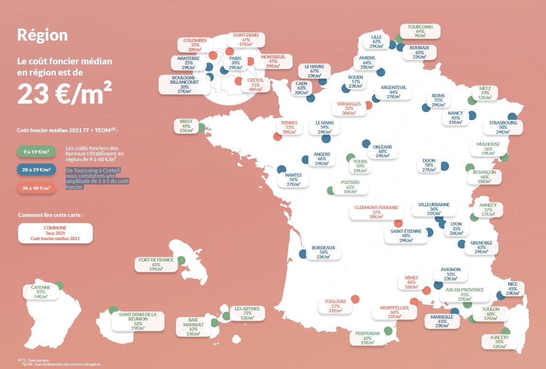 Carte du coût foncier des immeubles de bureaux en Région - © Ayming