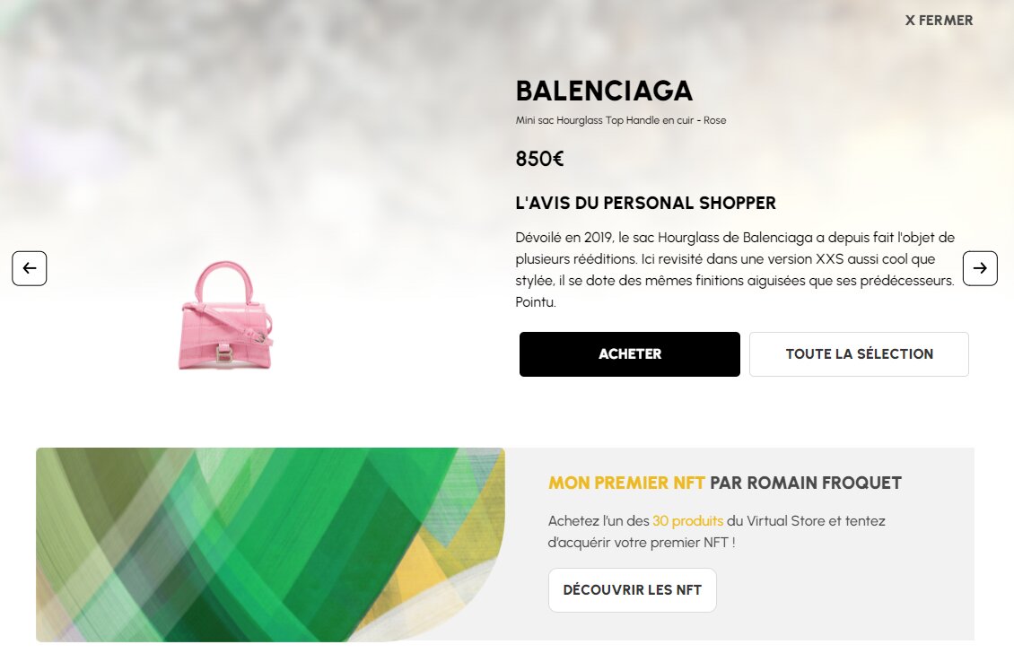 Printemps affiche son jeu concours NFT sur les fiches produits de ses articles vendus dans le magasin virtuel. - © Printemps