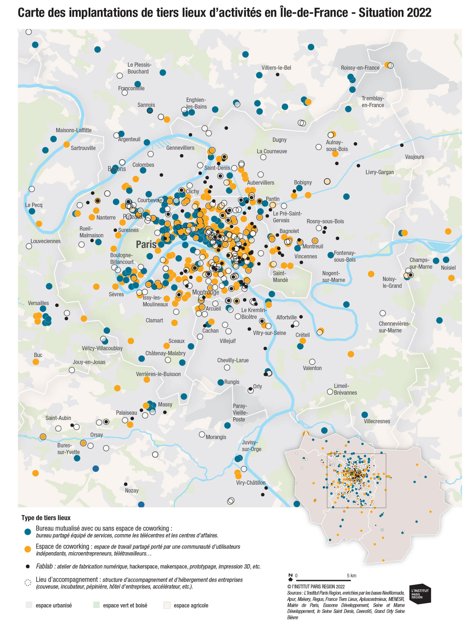 Carte d’implantation des tiers-lieux en Île-de-France en 2021 - © Institut Paris Région