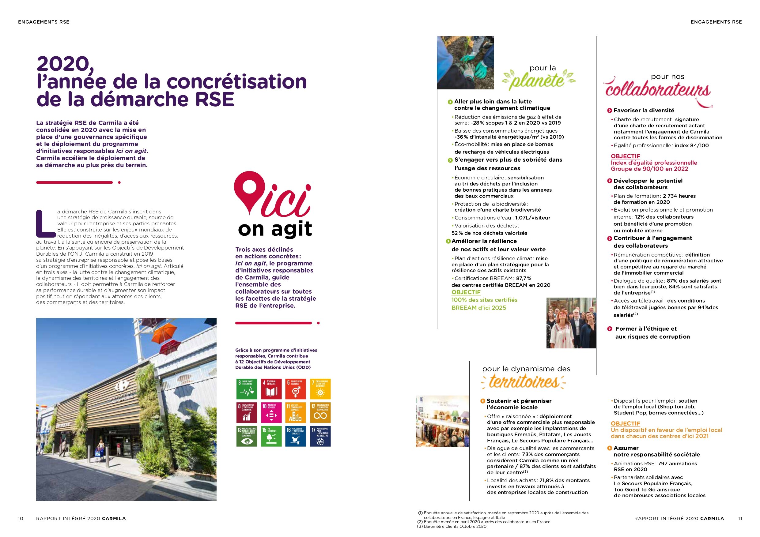 Extrait du rapport 2020 de Carmila mentionnant les objectifs RSE. - © Carmila