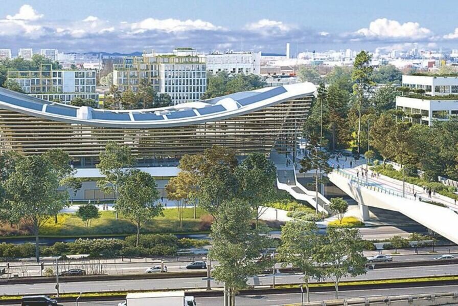 Le Centre aquatique olympique sera connecté au Stade de France via un pont qui enjambera l’autoroute A1. - © PROLOOG / ARCHITECTES VENHOEVENCS ET ATELIERS 2/3/4/