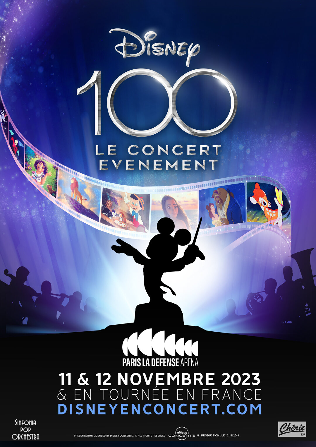 Affiche du concert Disney 100, étape à Paris La Défense Arena, les 11 et 12 novembre 2023 puis en tournée sur toute la France - © Disney