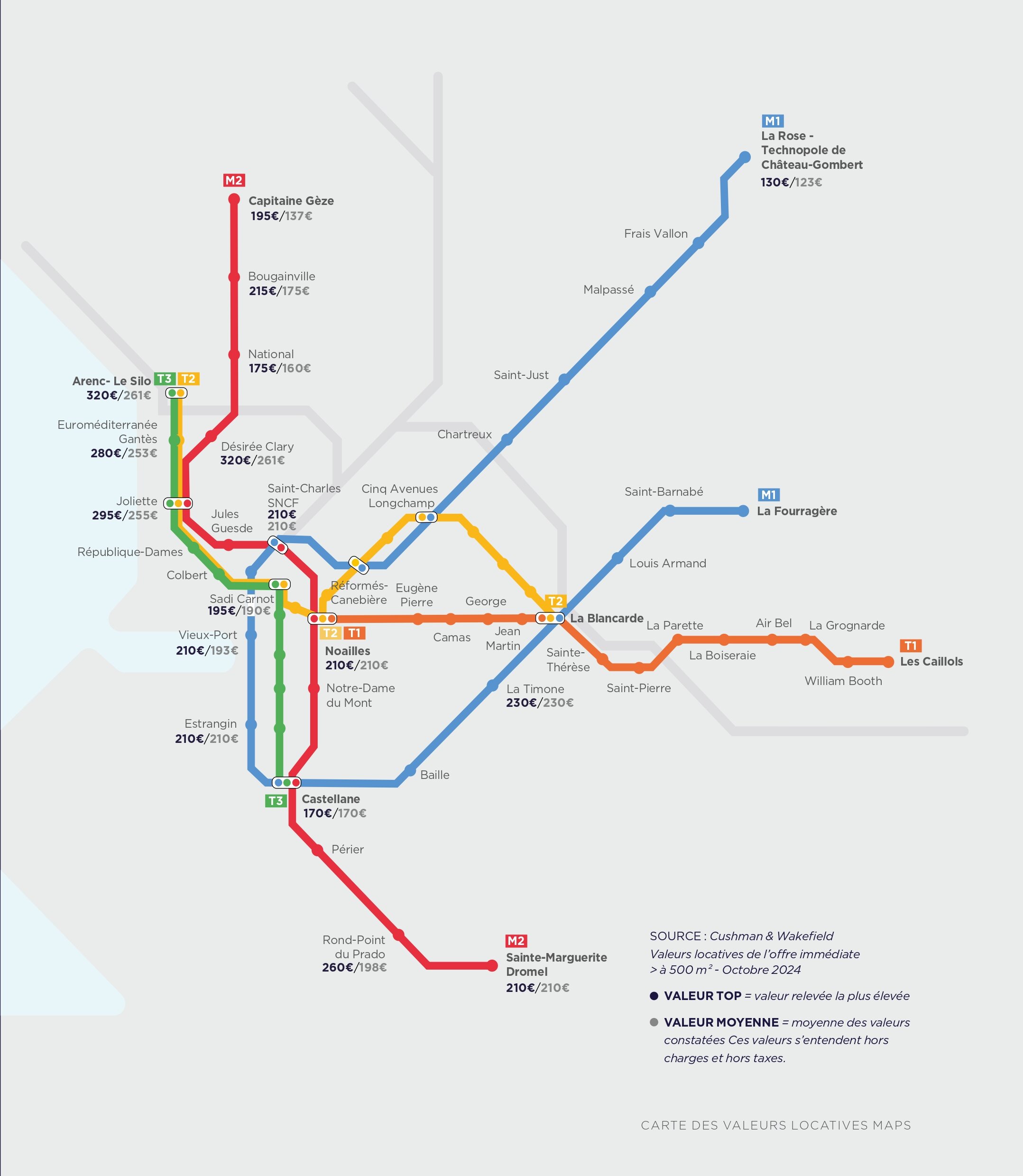 Carte des valeurs locatives par station de métro à Marseille. - © Cushman & Wakefield
