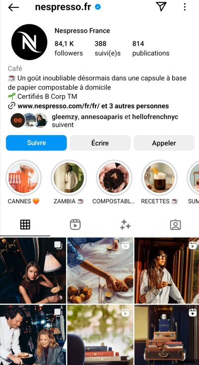 Le feed instagram de Nespesso France, dont les derniers contenus sont nourris par un voyage de luxe presse / influence en train direction Venise - © Nespresso / Instagram