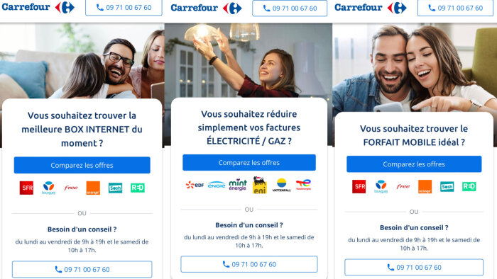 Carrefour propose un service de comparaison pour les mobiles, les box internet et l’électricité/gaz. - © D.R.