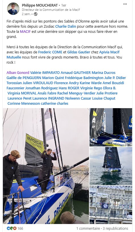 Départ de l’Imoca de Charlie Dalin aux couleurs de la Macif relaté par Philippe Moucherat sur Linkedin - © Linkedin / Philippe Moucherat