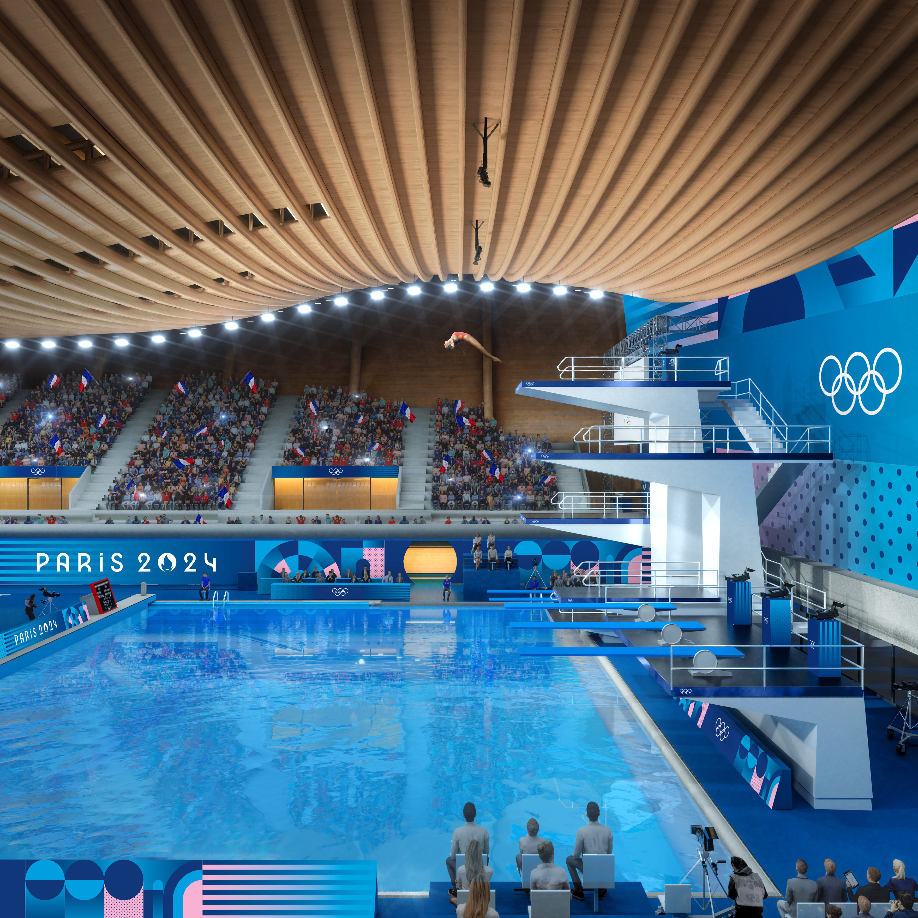 Maquette 3D du futur Centre aquatique éclairé par SLX - © Aquatics Centre : Paris 2024 / A 2/3/4 et Venhoeven CS