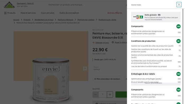 Depuis la fiche produits, Leroy Merlin indique à ses clients la note Home Index. - © D.R.