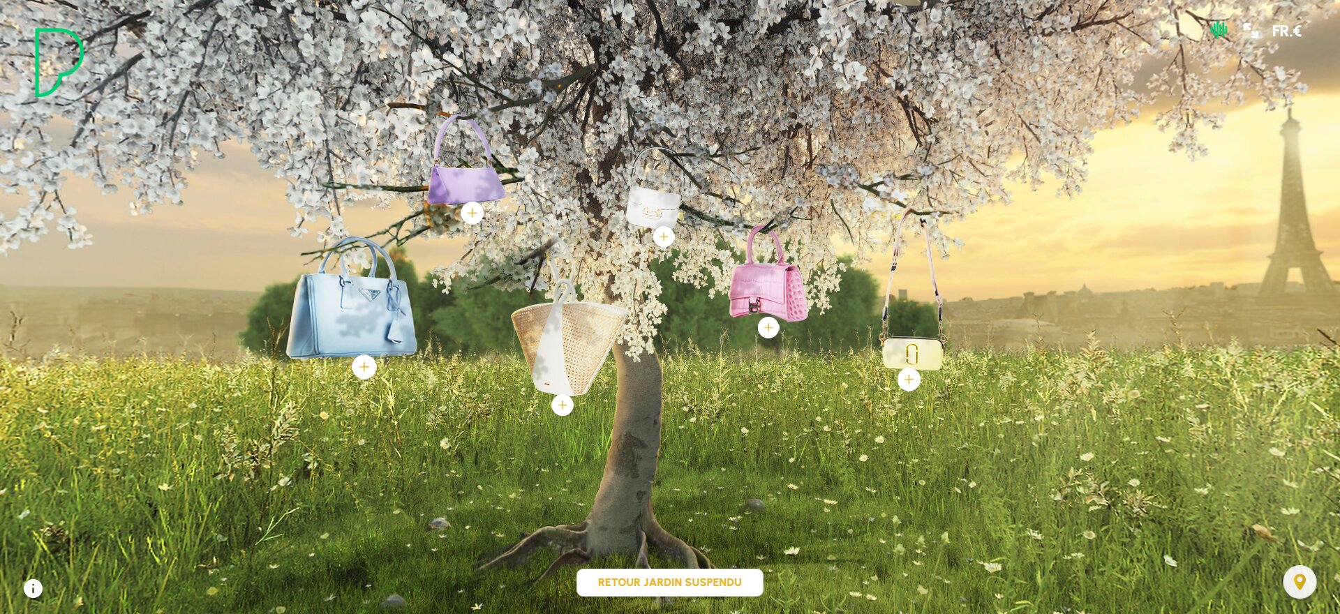 Printemps présente des sacs en les accrochant à un arbre. - © Printemps