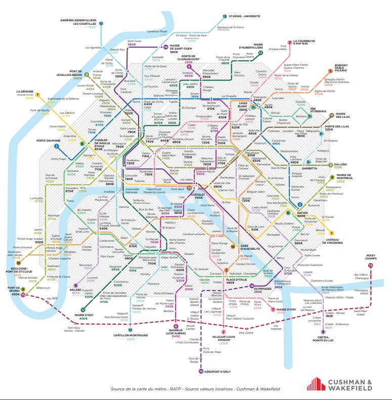 Carte des valeurs locatives par métro à Paris et en Ile-de-France - © Cushman & Wakefield